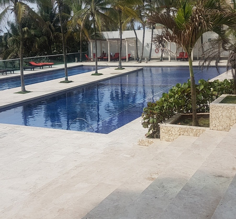 Zona de piscina rodeada de palmeras y asoleadoras